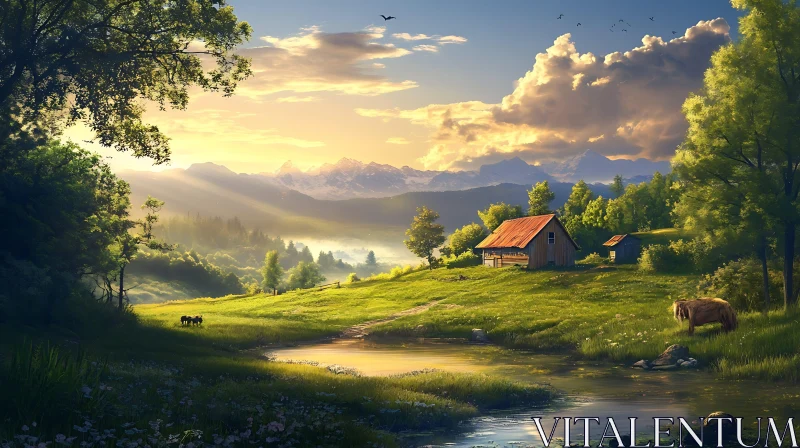 Scenic Meadow Farm at Sunset AI Image