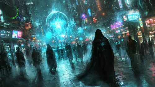 Futuristic Urban Scene with Cloaked Figures