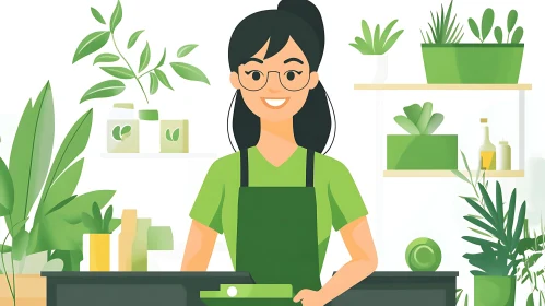 Illustration of Woman in Green Botanical Setting