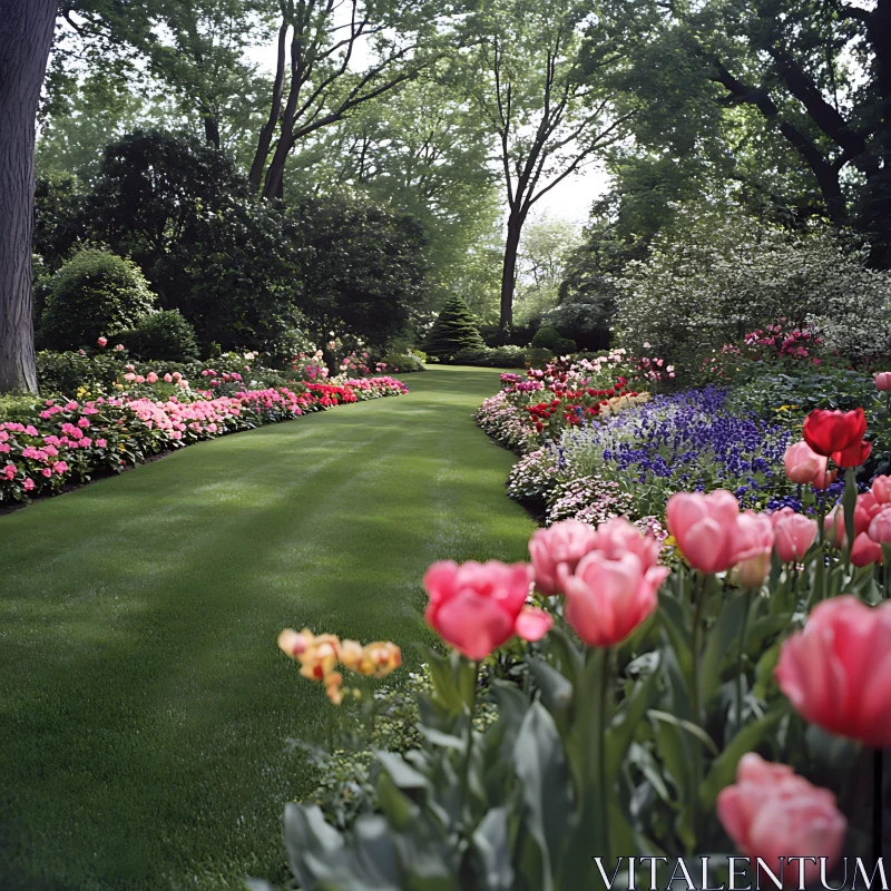 Floral Pathway in a Lush Garden Setting AI Image