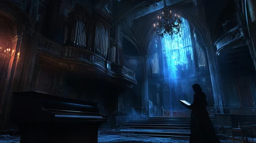 Ethereal Gothic Church with Piano and Figure