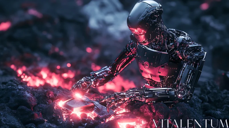 Cyborg Kneeling in Lava Field AI Image