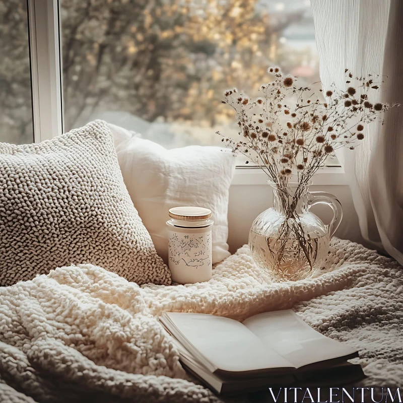 Window Seat with Book and Flowers AI Image