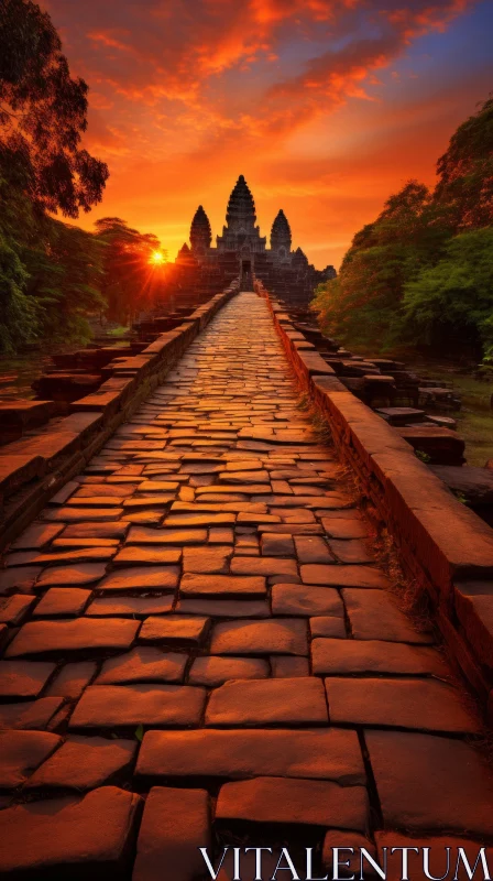 Ancient Stone Walkway at Sunrise over Angkor Thiraphan Temple AI Image
