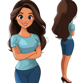 Stylish Cartoon Woman with Brown Hair