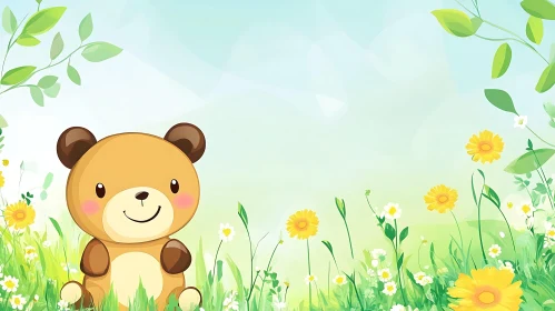 Cartoon Teddy Bear with Flowers