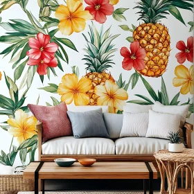 Living Room with Pineapple and Hibiscus Wallpaper