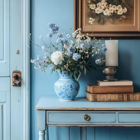 Blue Floral Arrangement on Antique Table