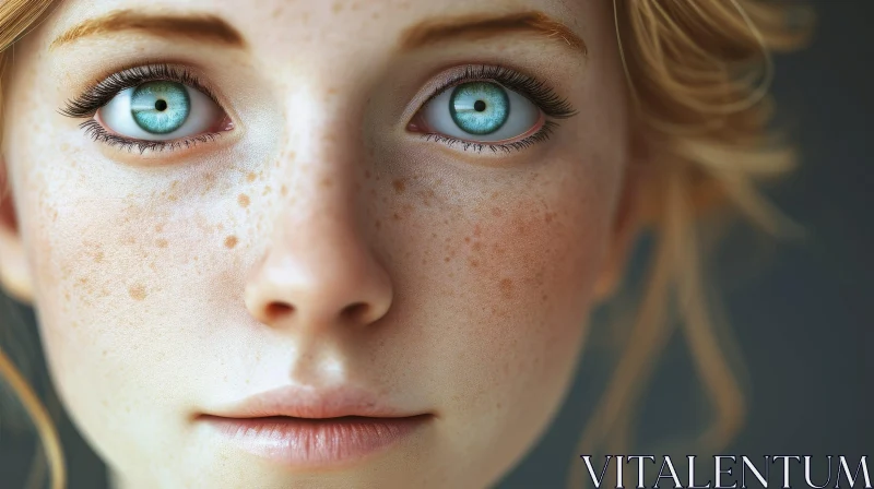 Captivating Portrait of a Young Woman with Freckles and Blue Eyes AI Image
