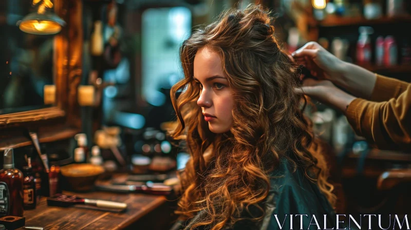 Captivating Portrait: Young Woman in a Barber Chair AI Image