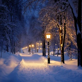 Snowy Park Path at Night