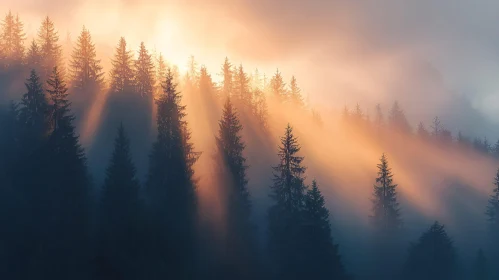 Sunlit Pine Forest in Mist