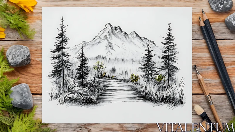 Mountain Landscape Pencil Drawing AI Image