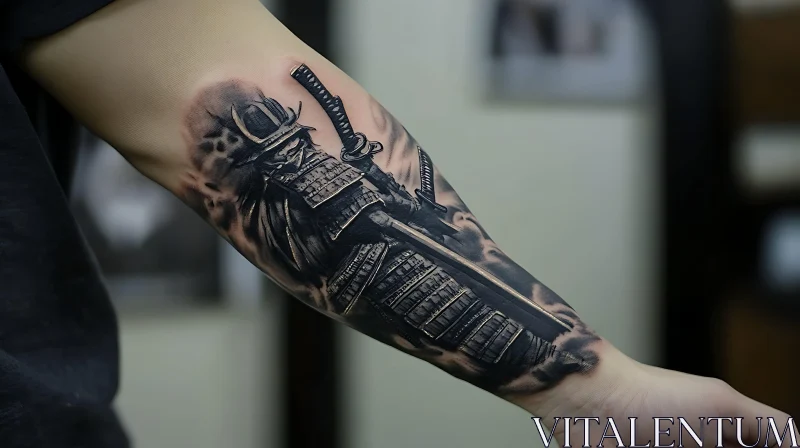 Detailed Black and Grey Samurai Tattoo AI Image