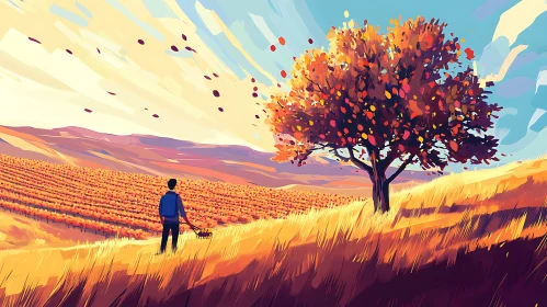 Golden Field Autumn Tree Harvest Scene