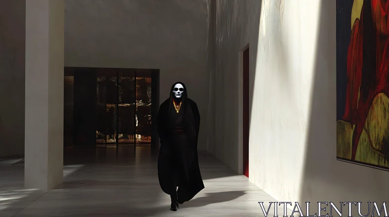 AI ART Dark Robed Figure in Minimalist Interior