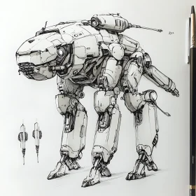 Detailed Robot Sketch on White Paper