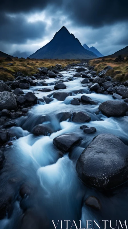 Tranquil Water Flowing Close to Rocks | Dark Cyan | Moody Atmosphere AI Image