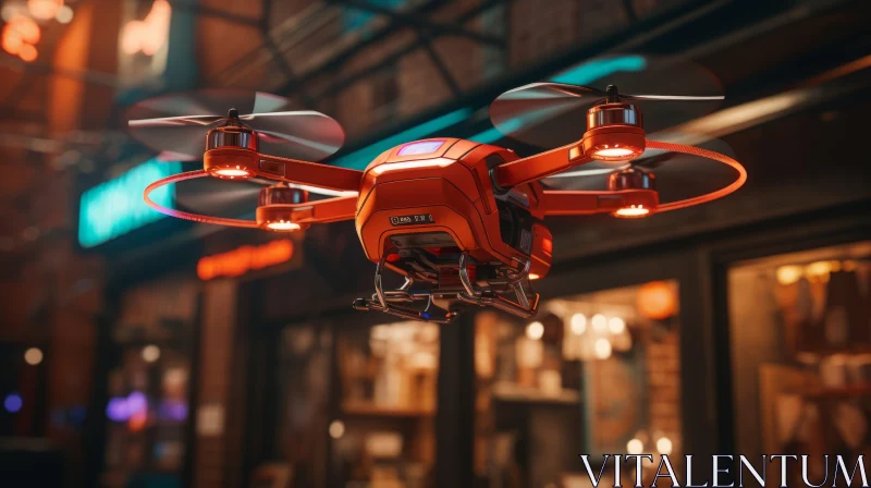 Urban Lifelike Depiction of Drone Over City Stores AI Image