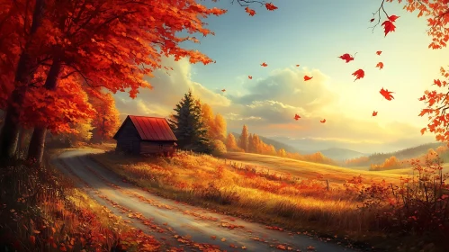 Fall Scenery with Cabin and Falling Leaves