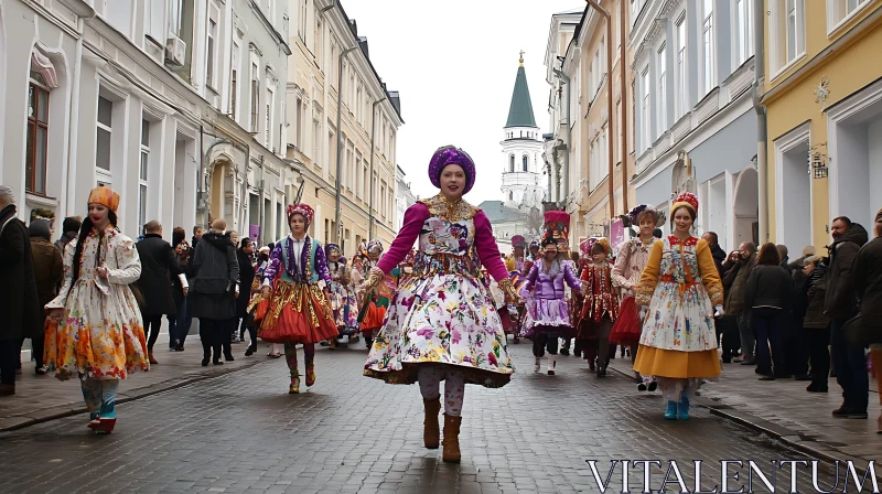 Colorful Traditional Clothing Parade on City Street AI Image