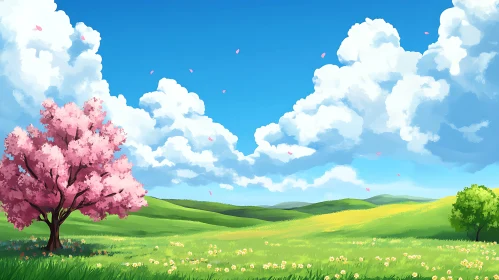 Pink Blossom Tree in Green Field