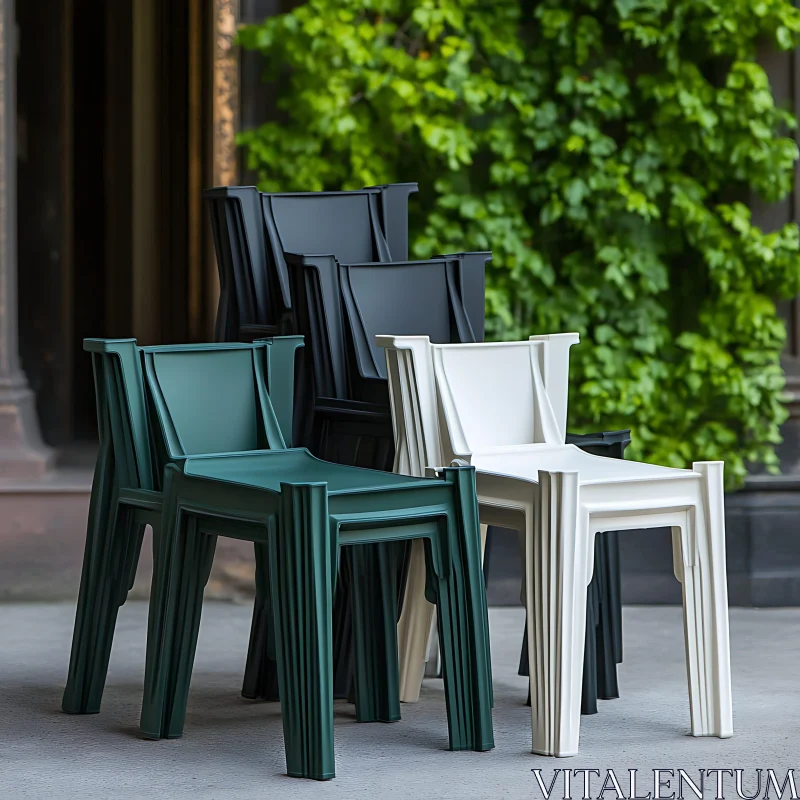Colorful Stacked Chairs in Natural Setting AI Image