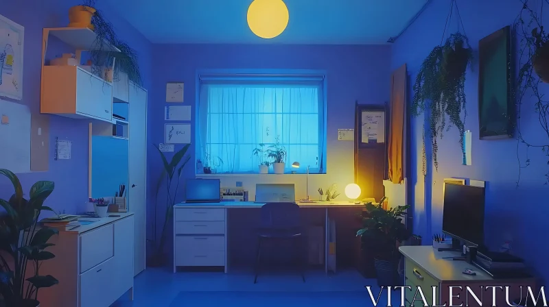 AI ART Blue Room with Desk and Plants