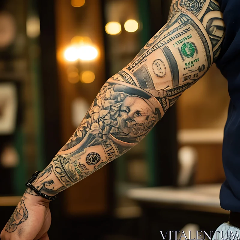 Detailed Currency-Themed Arm Tattoo AI Image