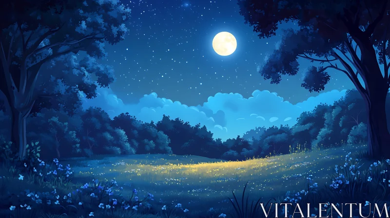 AI ART Serene Night Landscape with Moon and Stars