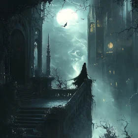 Moonlit Watcher: Gothic Cityscape