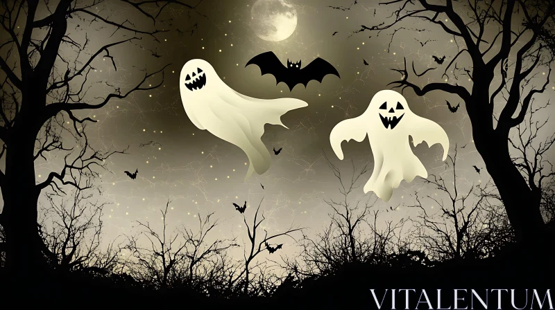 AI ART Halloween Ghosts and Bats under Moonlight