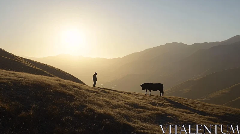 Silhouette of Man and Cow at Dusk AI Image