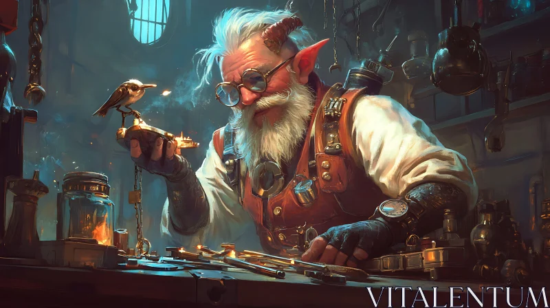 AI ART Steampunk Elf and Mechanical Bird Art