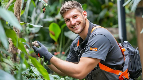 Smiling Man in Garden with Butterfly