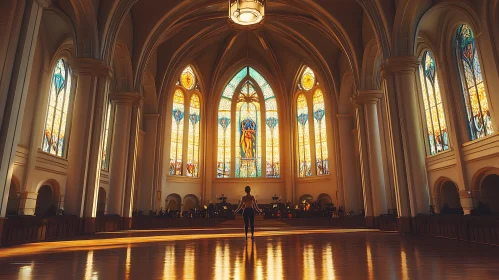 Woman in Cathedral with Stained Glass Windows