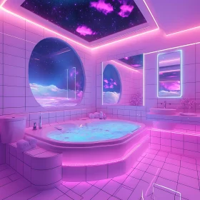 Pink Neon Bathroom with Starry Sky View