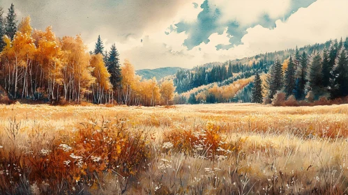 Golden Autumn Field Watercolor Art