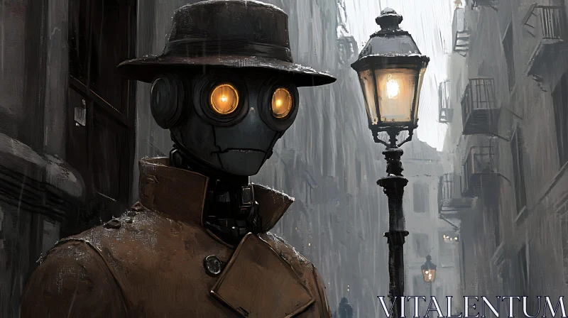 Mechanical Man in the Rain AI Image