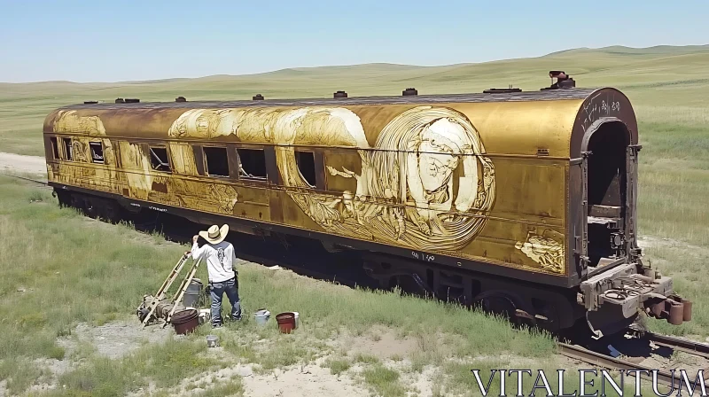 Field Artist Decorating Train Carriage with Murals AI Image