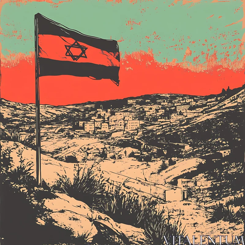 Graphic Flag Overlooking Settlement AI Image