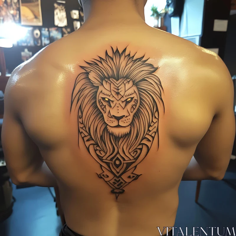 Intricate Tribal Lion Tattoo on Back AI Image