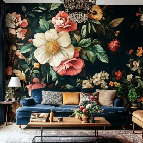 Living Room with Floral Wallpaper