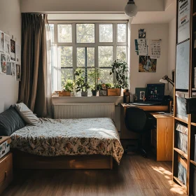 Sunlit Bedroom With Desk and Plants