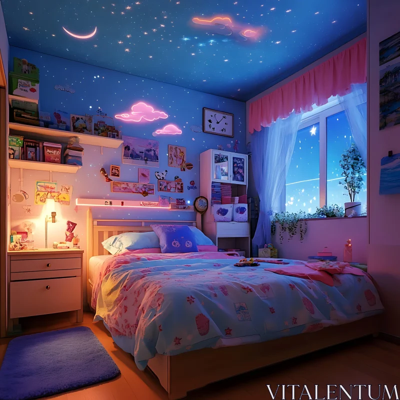 AI ART Cozy Bedroom with Starry Sky Decor