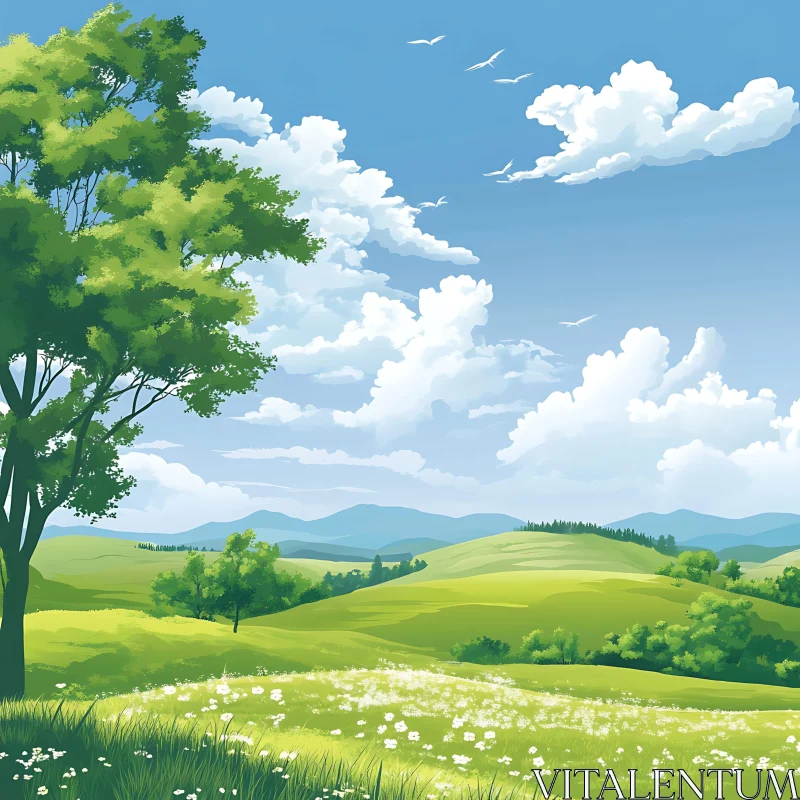 Scenic Green Field with Tree and Clouds AI Image