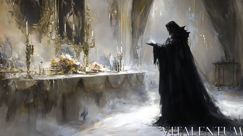 Cloaked Figure in Grand Hall Painting AI Image