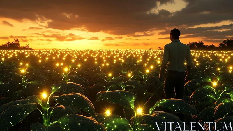 Man in Field of Glowing Plants AI Image