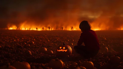 Child and Pumpkins in Fiery Field