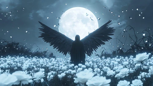 Winged Silhouette Under Moonlit Sky